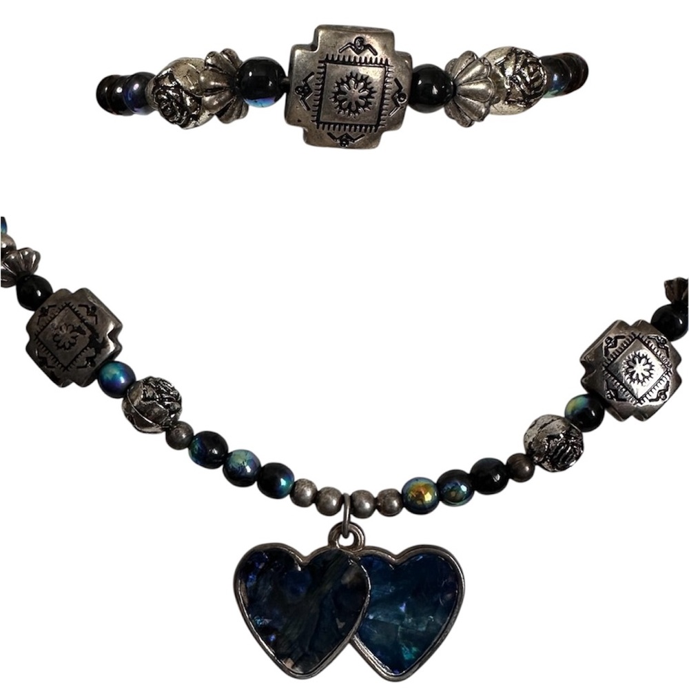Blue Hearts Beaded Pendant Necklace & Bracelet
